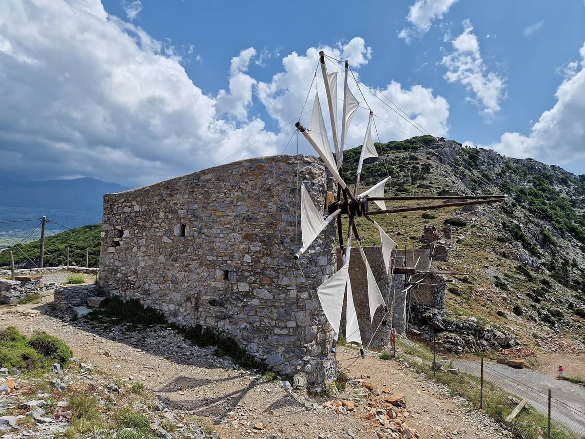 The white-sailed windmills of the Lasithi Plateau, the high point of this scenic drive in eastern Crete