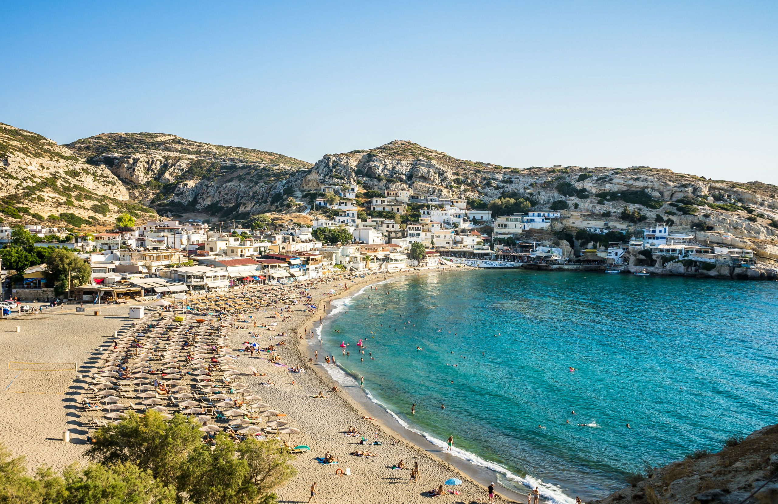 The cave-riddled cliffs and beach at Matala, the coastal end of the Cretan South scenic drive
