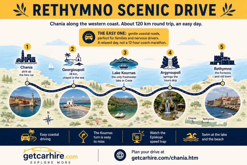 Rethymno Scenic Drive infographic showing an easy coastal driving route from Chania to Rethymno in western Crete. The illustrated guide follows Chania, Georgioupoli, Lake Kournas, Argyroupoli and Rethymno with circular destination photos, icons and practical travel notes. A prominent "The Easy One" callout highlights gentle coastal roads ideal for families and nervous drivers, while driving tips include the Lake Kournas turning, the Episkopi speed trap and swimming at both the lake and the beach. The infographic also includes a small map of Crete showing the route location, making it a practical full day scenic drive by hire car from Chania.