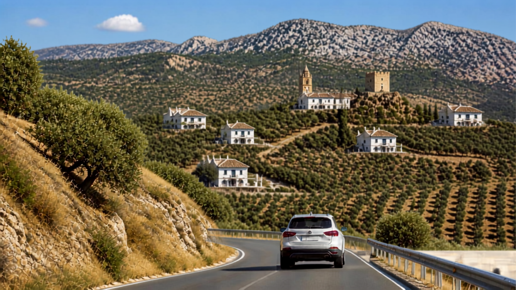 Mietwagen auf einer Landstraße in Andalusien nahe Ronda mit Kalksteinbergen und Olivenhainen im Hintergrund
