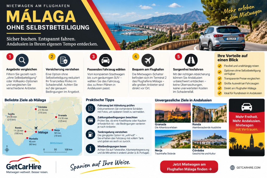 Mietwagen Málaga Flughafen ohne Selbstbeteiligung – Infografik zu Versicherung, Kaution, Mietbedingungen und Fahrzeugwahl in Andalusien