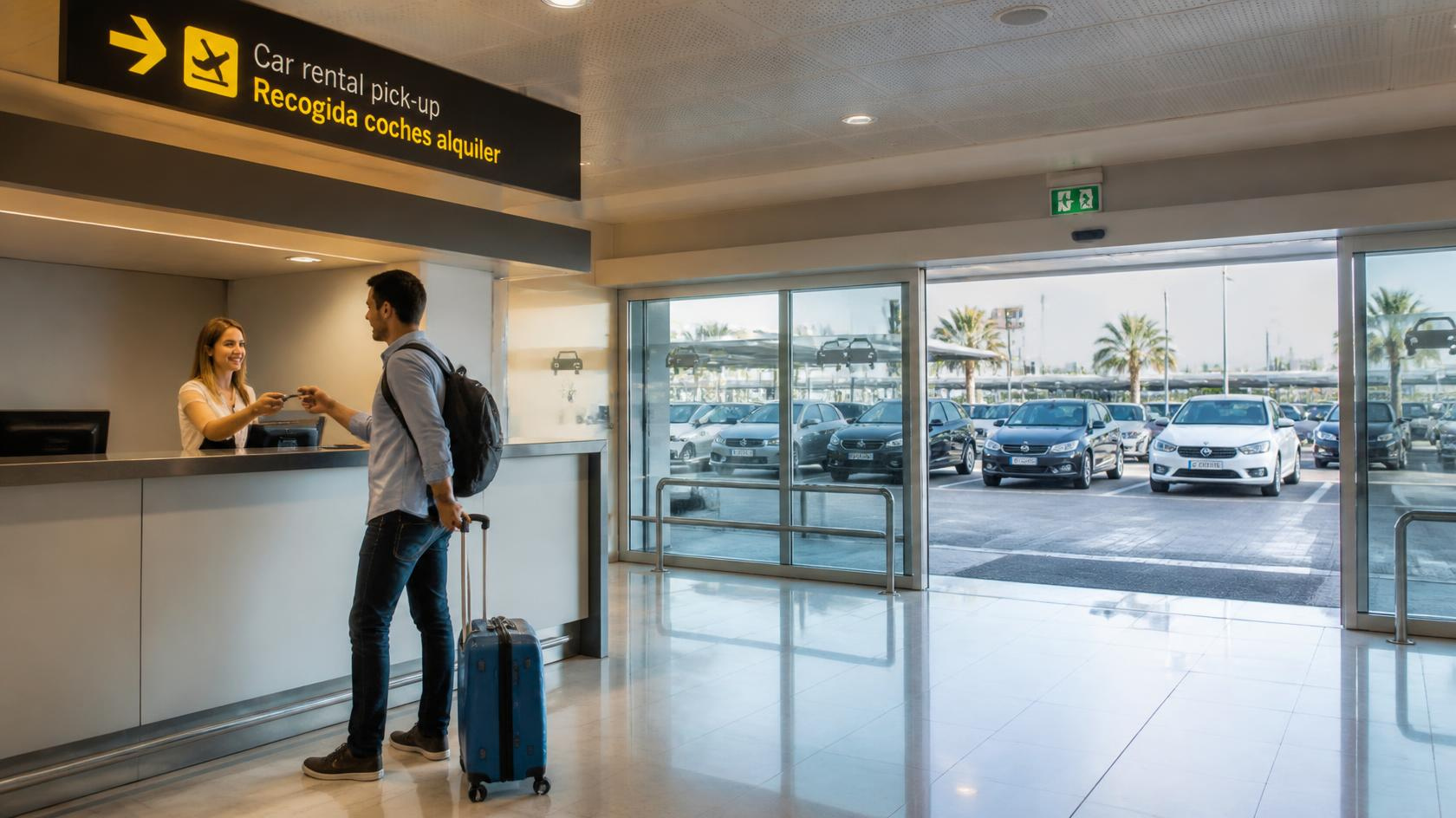 Kunde am Mietwagenschalter am Flughafen Málaga bei der Fahrzeugübernahme