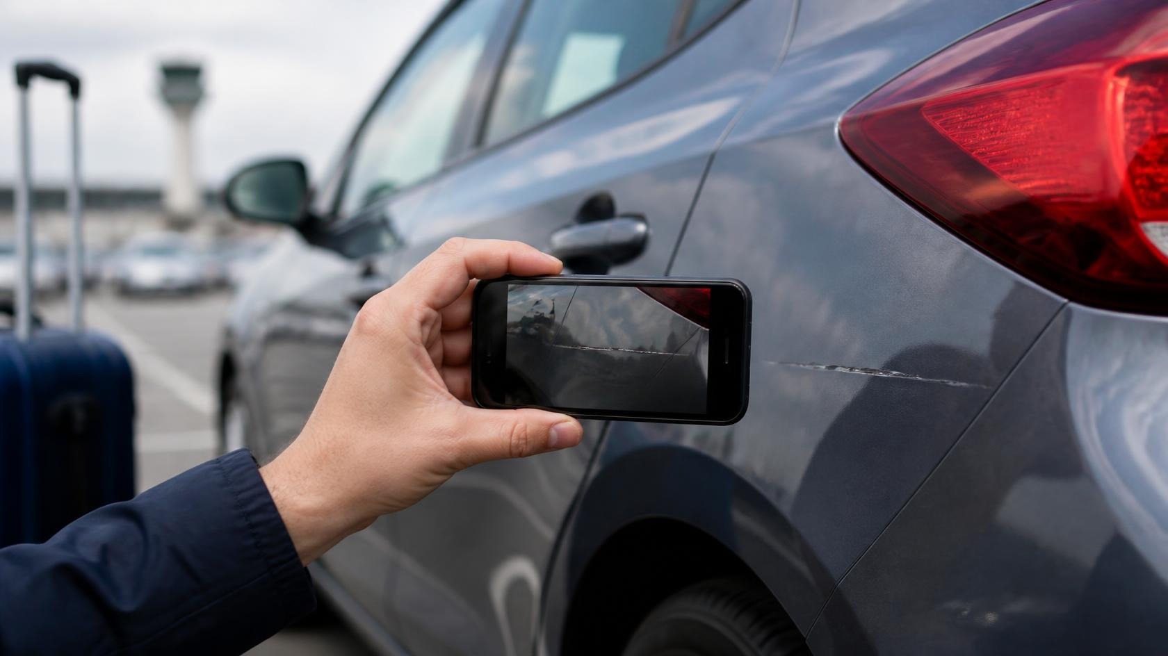 Reisender fotografiert vorhandene Fahrzeugschäden mit dem Smartphone vor der Abfahrt vom Flughafen Málaga