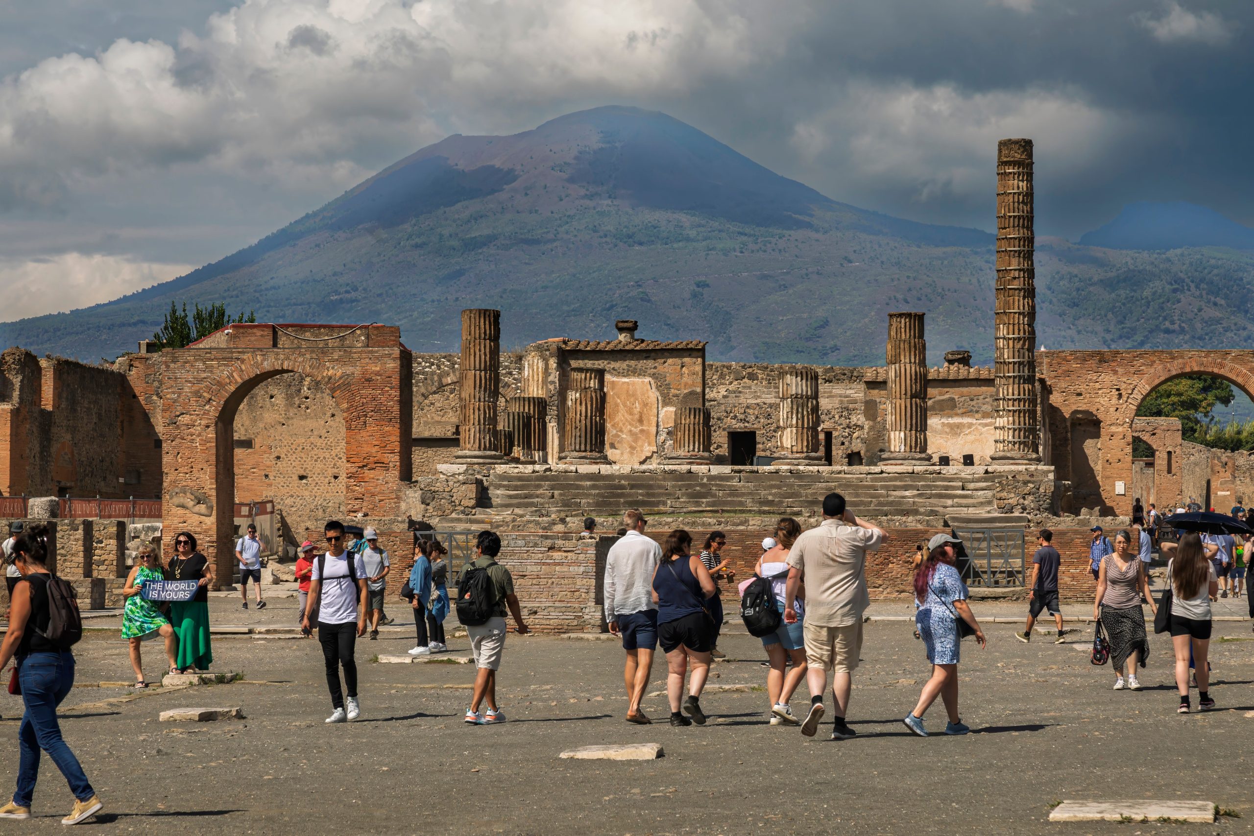 The ruins of Pompeii with Mount Vesuvius in the background, the final stop before returning car hire at Naples Airport