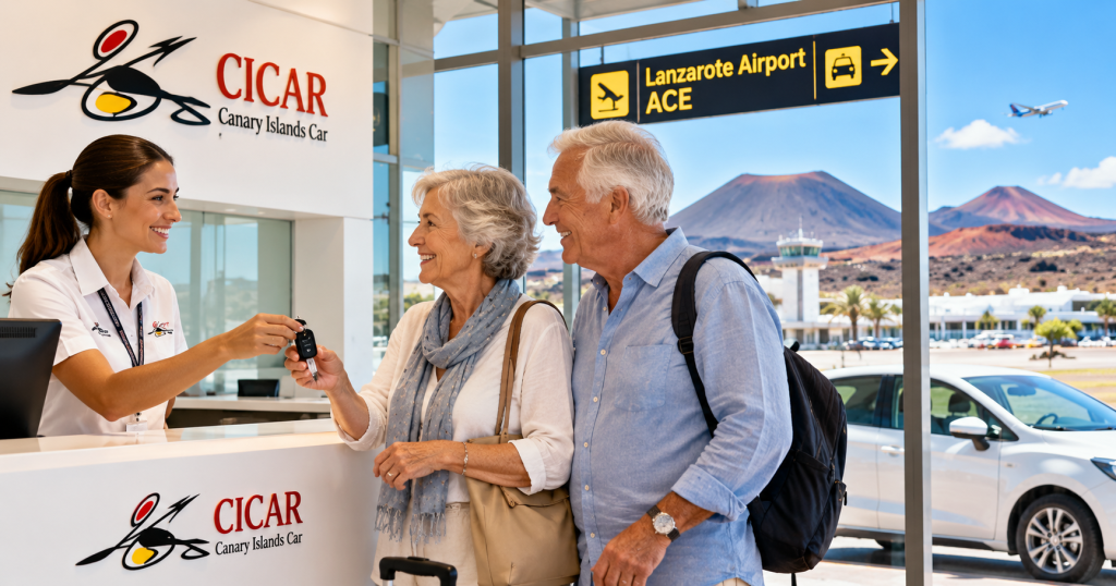 Car hire in Lanzarote for over 70s at Lanzarote Airport with a senior couple collecting their hire car.