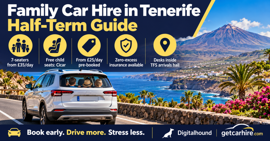 Family car hire in Tenerife half term guide showing a family SUV, Mount Teide and practical information on 7 seaters, child seats, insurance and Tenerife South Airport collection.