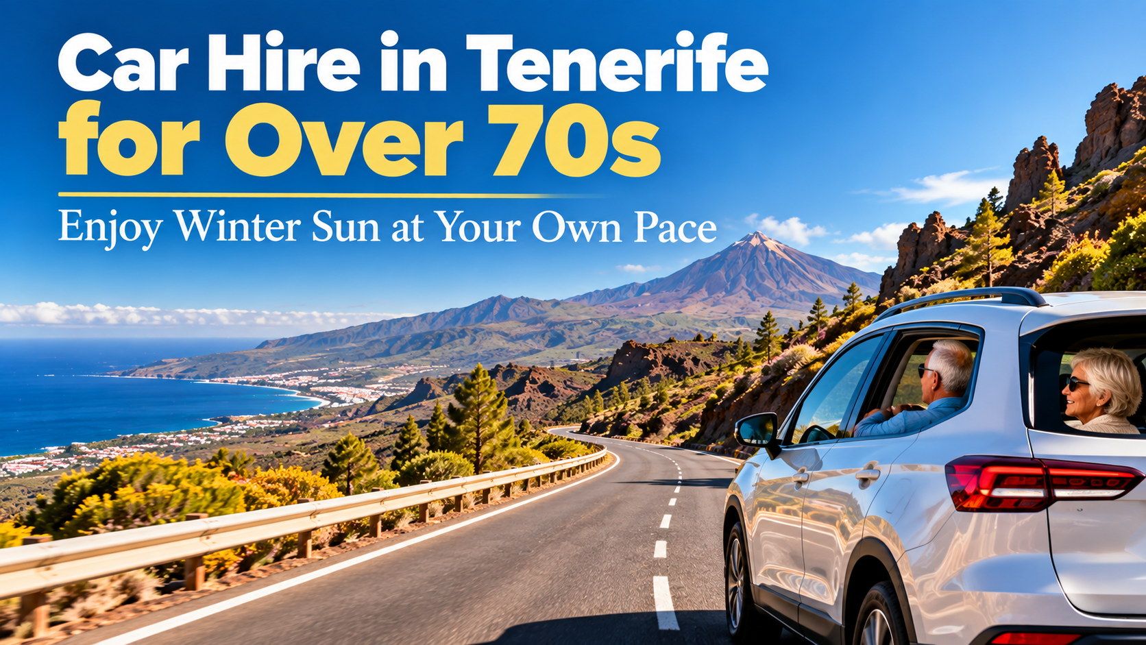 Senior couple enjoying a winter car hire road trip in Tenerife on an open mountain road with Mount Teide and the Atlantic coast.