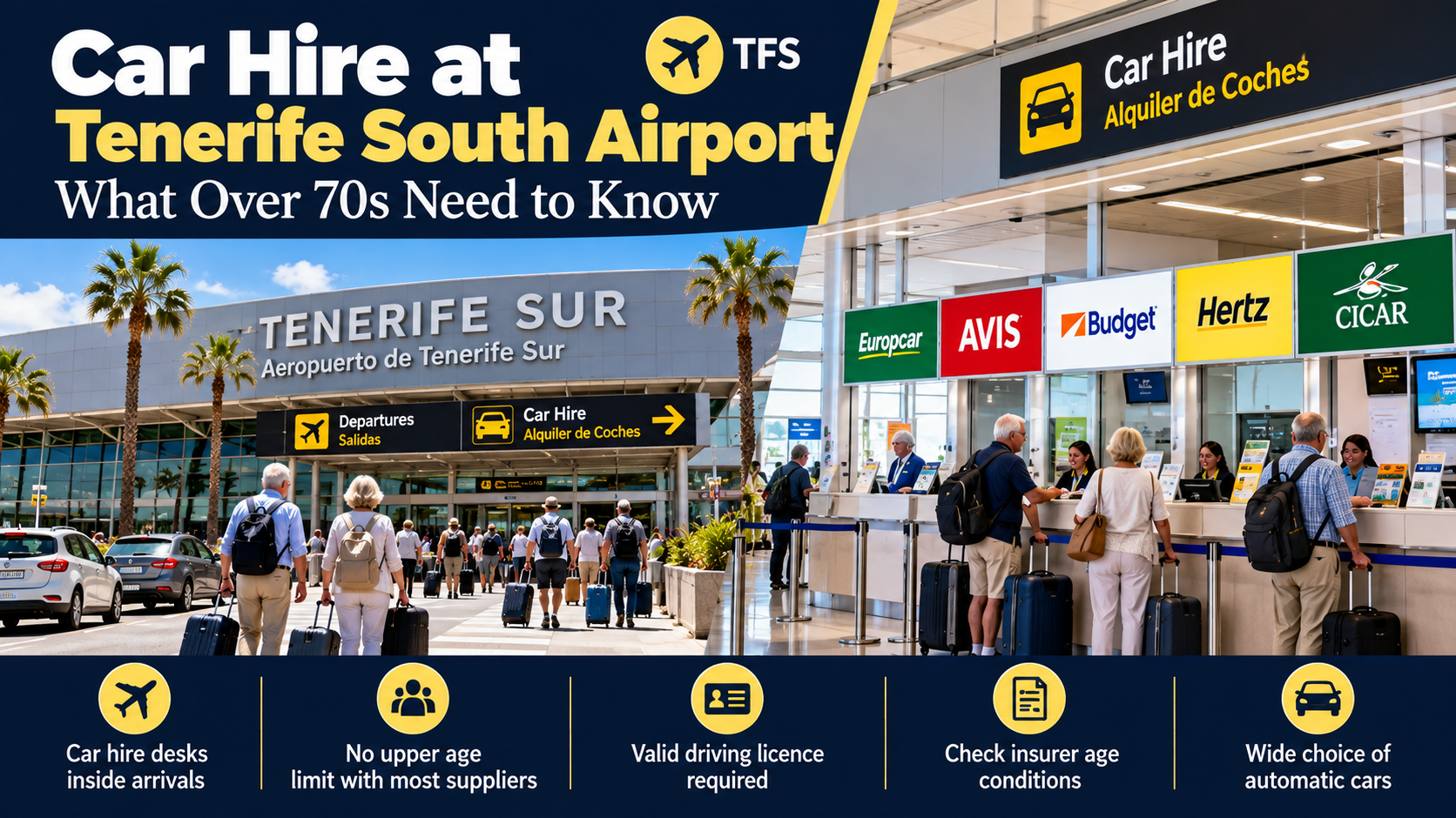 Car Hire in Tenerife for Over 70s with an older couple collecting their hire car at Tenerife South Airport.