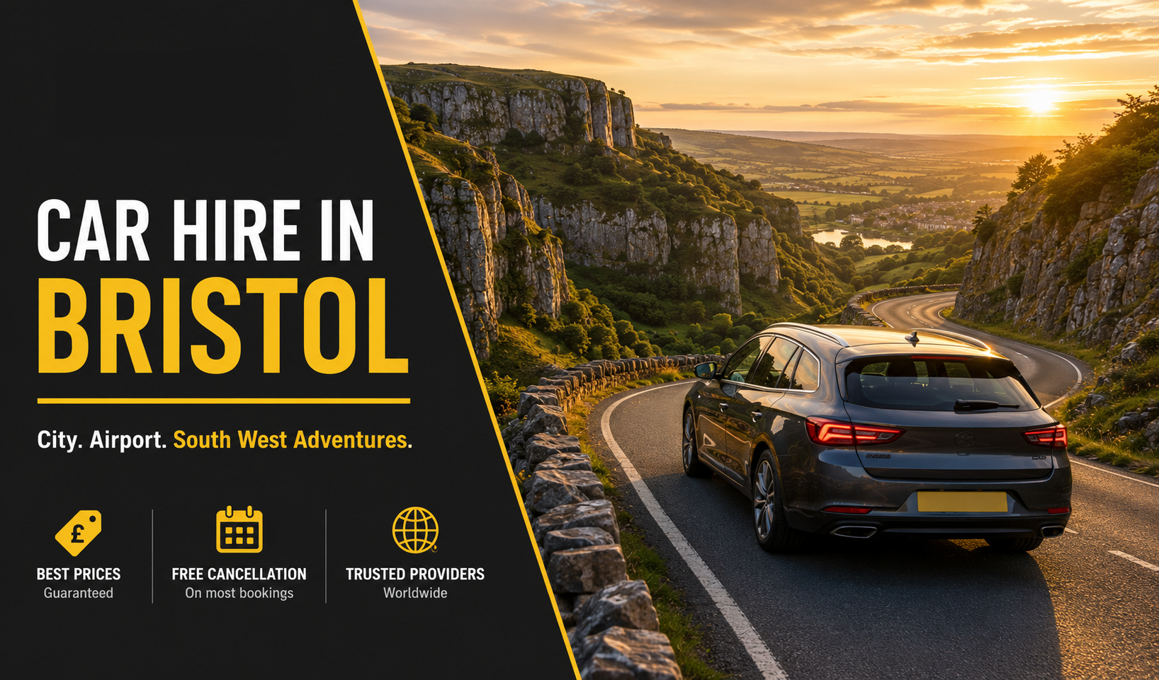 Cheap car hire Bristol - hire car on a road above Cheddar Gorge in the Mendip Hills near Bristol at sunset