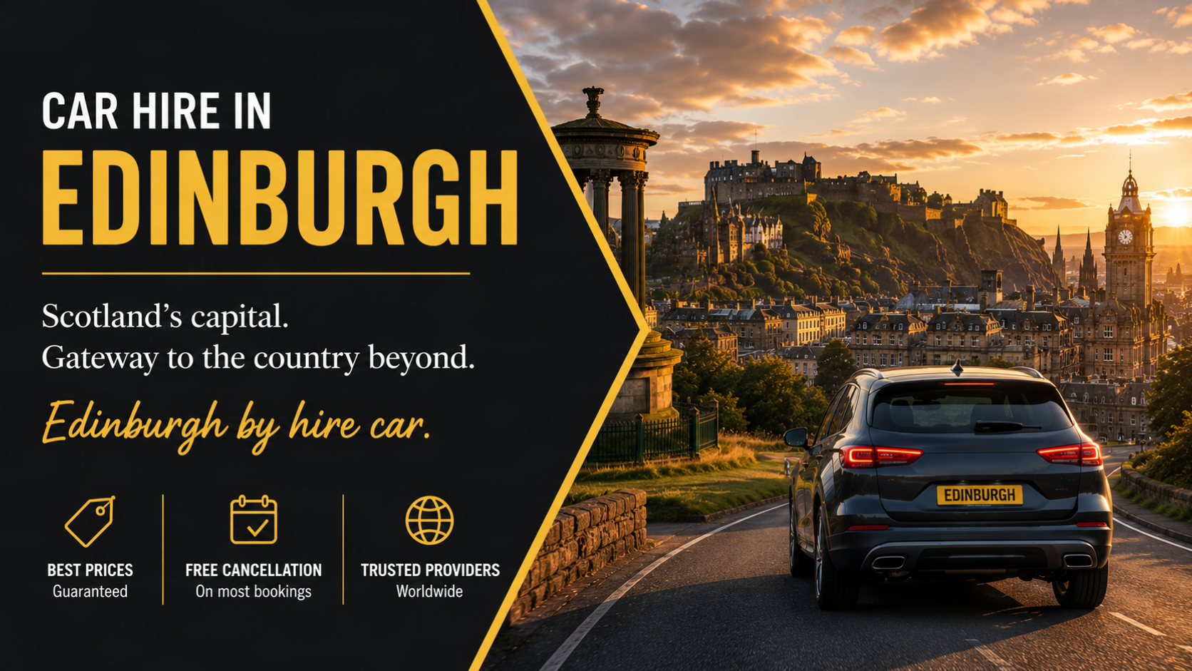Car hire in Edinburgh, Scotland's capital, with the castle and Old Town skyline at sunset