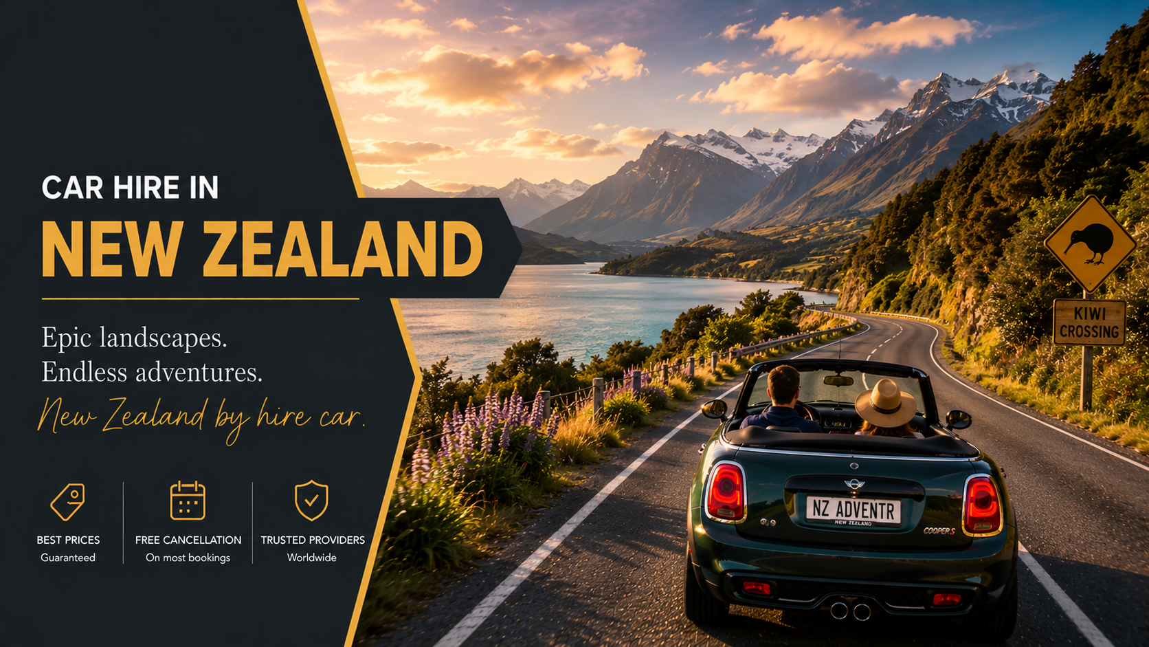 Car hire in New Zealand - a convertible driving a lakeside mountain road at sunset, with snow-capped Southern Alps, purple lupins and a yellow Kiwi Crossing road sign