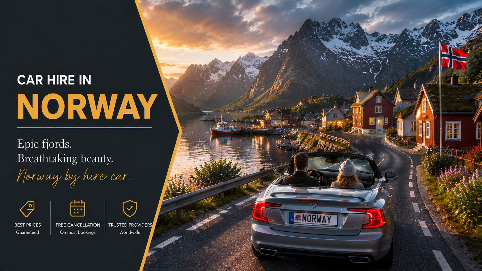 Car hire in Norway - a silver convertible driving a fjord-side road through a village of traditional red waterfront cabins, with snow-capped mountains, a fishing boat and the Norwegian flag