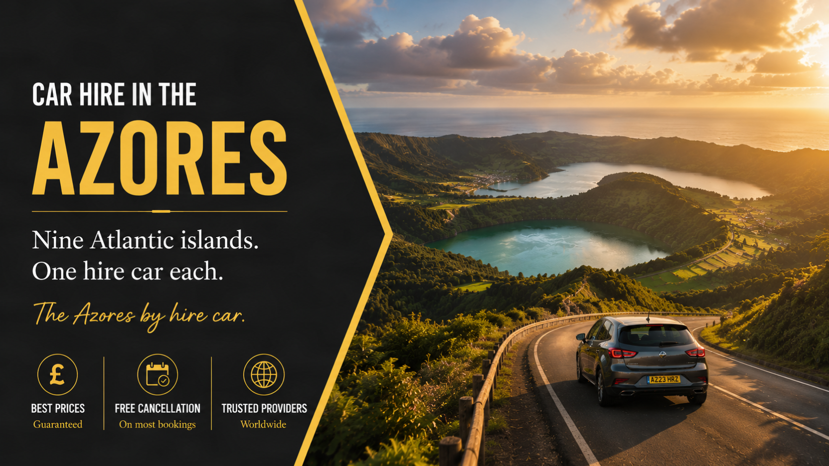 Car hire in the Azores - a small hire car on a green clifftop road in São Miguel, with volcanic peaks, crater lakes, hydrangea-lined lanes and the Atlantic Ocean stretching to the horizon