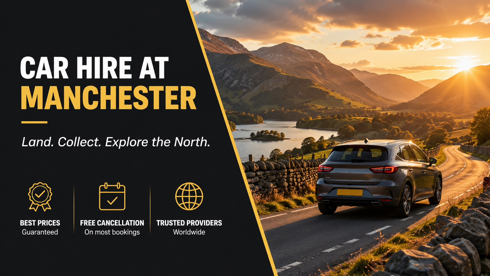 Cheap car hire Manchester Airport - hire car on a Lake District road with mountains and a lake behind at sunset