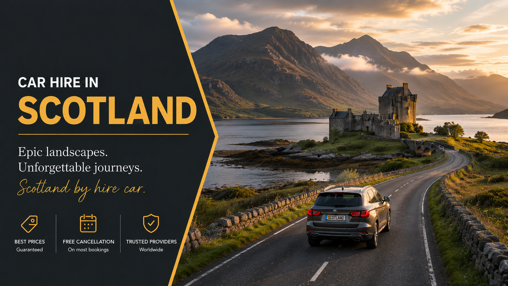 Car hire Scotland, the road to Eilean Donan Castle in the Highlands at sunset