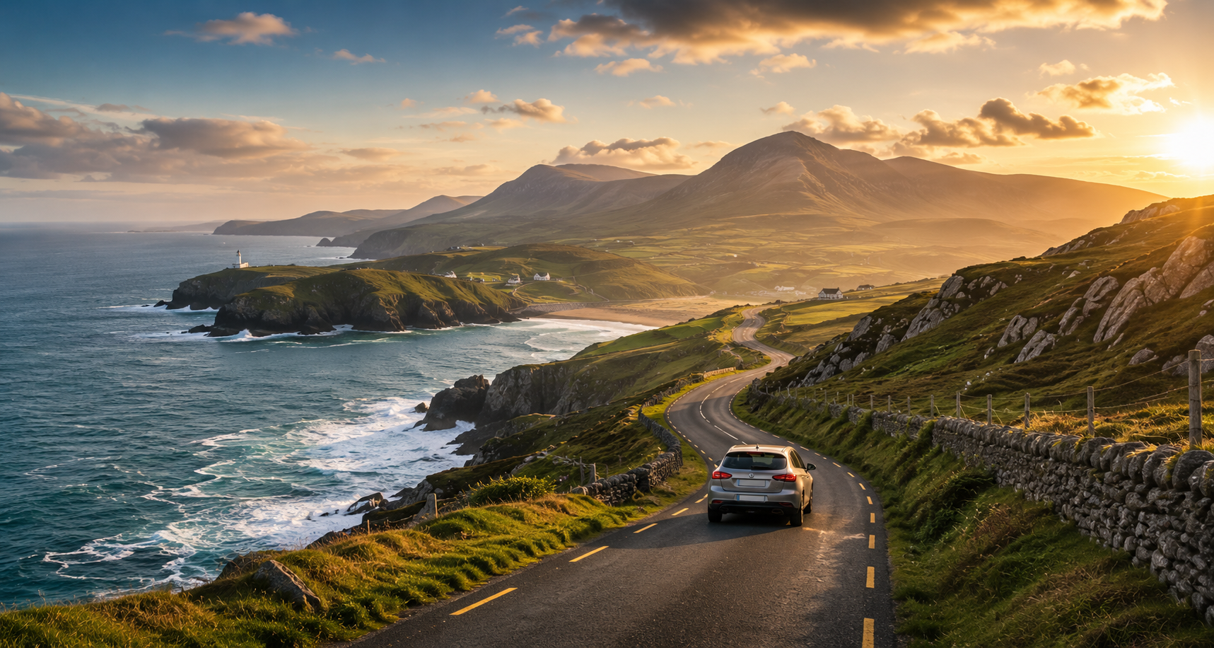 Wild Atlantic Way trip planner: a car driving a winding coastal road along Ireland's Atlantic cliffs at sunset, with a lighthouse, golden beach and mountains beyond