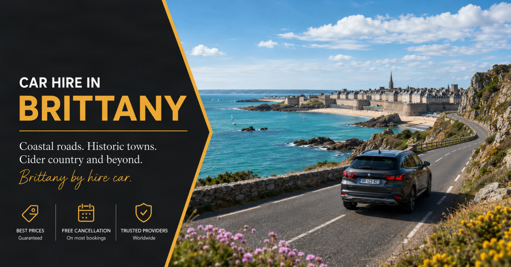 Cheap car hire in Brittany - an open coastal road along the Emerald Coast near Saint-Malo, with pink granite headlands, a walled port town and the Atlantic stretching to the horizon