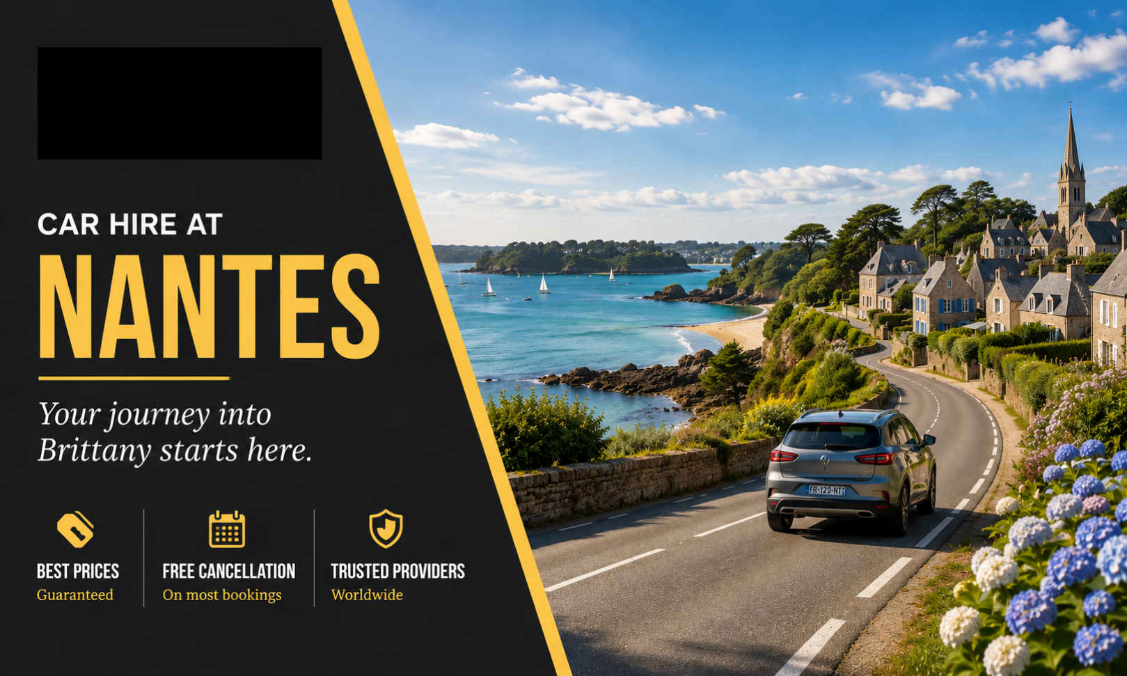 Cheap car hire Nantes Airport - an open coastal road toward the Gulf of Morbihan, with Atlantic beaches, sailing boats and the Southern Brittany coast stretching to the horizon