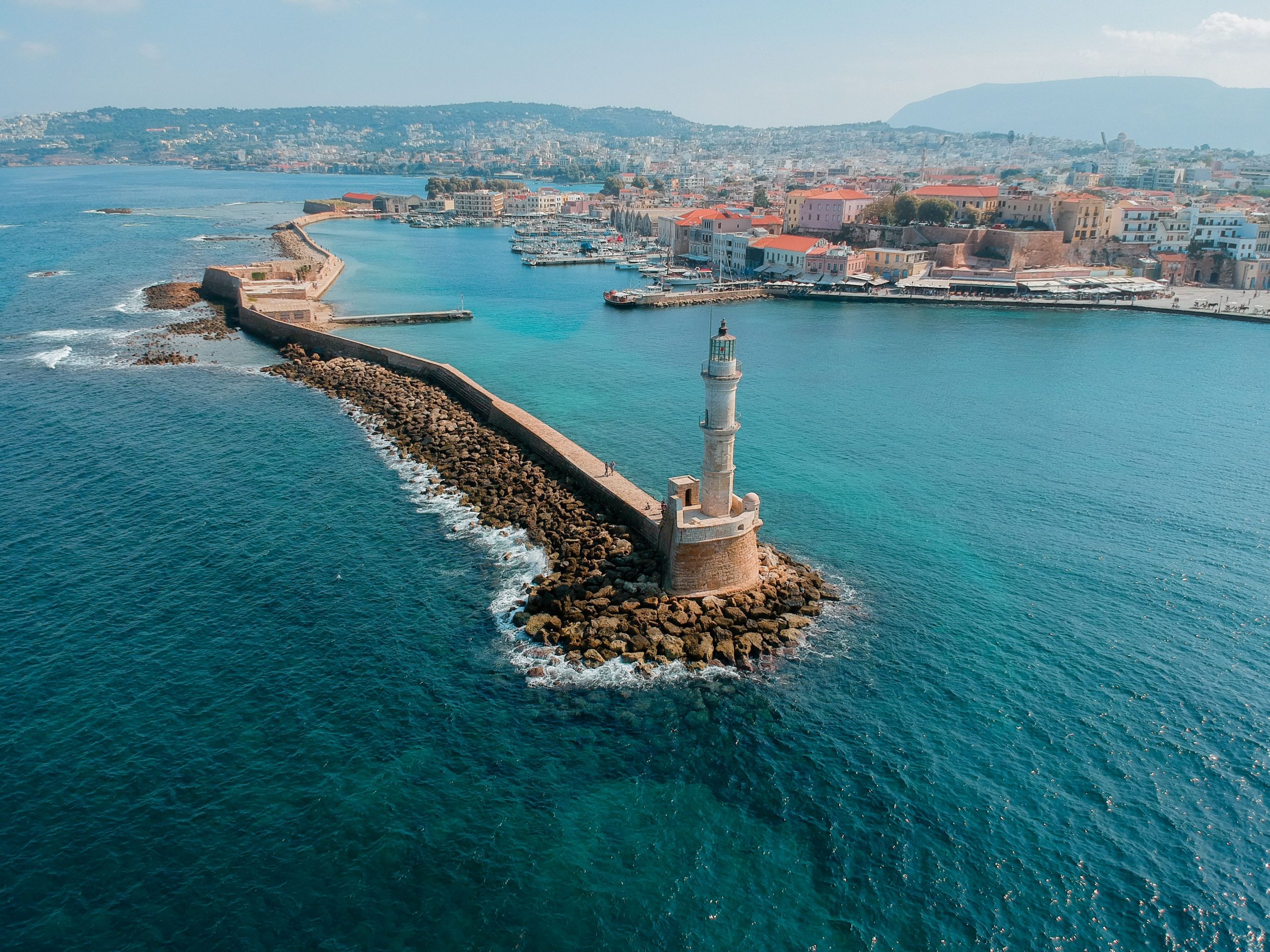 The Venetian harbour and lighthouse of Chania, twenty minutes from Chania Airport by hire car
